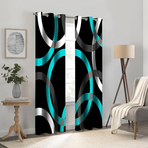 Teal Black Curtains for Bedroom Grey White Turquoise Aqua Modern Abstract Geometric Circle Striped Blackout Curtains Room Darkening Grommet 2 Panels Window Drapes for Living Room 42x84Inches in Saudi Arabia