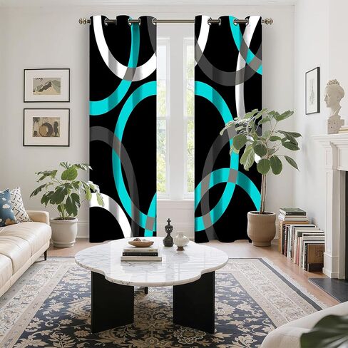 Teal Black Curtains for Bedroom Grey White Turquoise Aqua Modern Abstract Geometric Circle Striped Blackout Curtains Room Darkening Grommet 2 Panels Window Drapes for Living Room 42x84Inches in Saudi Arabia