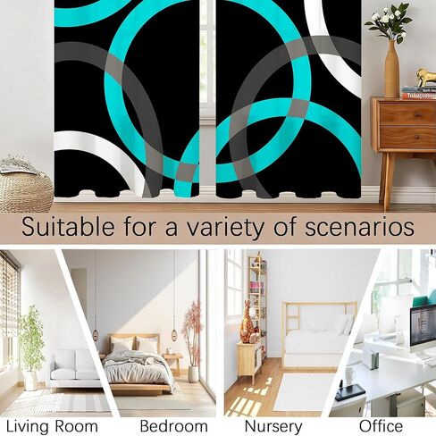 Teal Black Curtains for Bedroom Grey White Turquoise Aqua Modern Abstract Geometric Circle Striped Blackout Curtains Room Darkening Grommet 2 Panels Window Drapes for Living Room 42x84Inches in Saudi Arabia