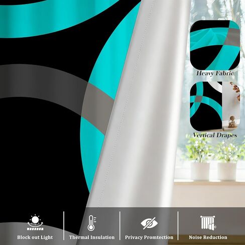 Teal Black Curtains for Bedroom Grey White Turquoise Aqua Modern Abstract Geometric Circle Striped Blackout Curtains Room Darkening Grommet 2 Panels Window Drapes for Living Room 42x84Inches in Saudi Arabia