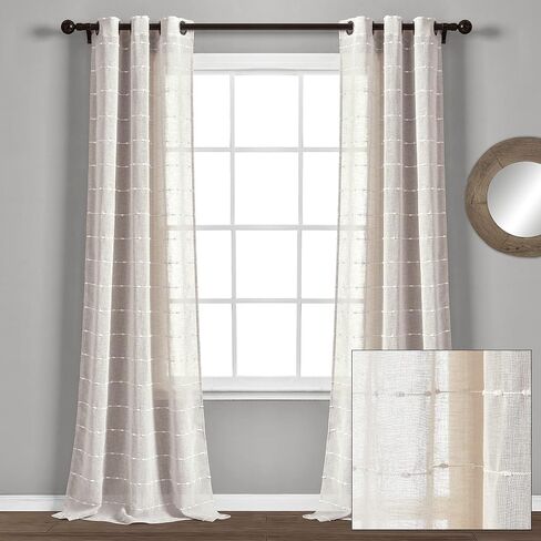 Lush Decor Farmhouse Textured Grommet Sheer Window Curtain Panel Pair, 38"W x 95"L, Beige in Kuwait