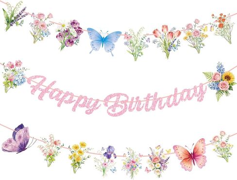 Happy Birthday Banner Decorations – Pink Glitter Letter Garland with Wildflowers, Butterfly, Floral Garden Hanging Banner for Birthday Party, Baby Shower, Bridal Shower, Tea Party Decorations in Saudi Arabia