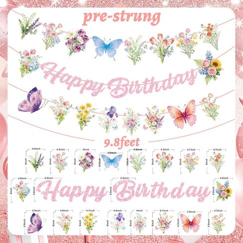 Happy Birthday Banner Decorations – Pink Glitter Letter Garland with Wildflowers, Butterfly, Floral Garden Hanging Banner for Birthday Party, Baby Shower, Bridal Shower, Tea Party Decorations in Saudi Arabia