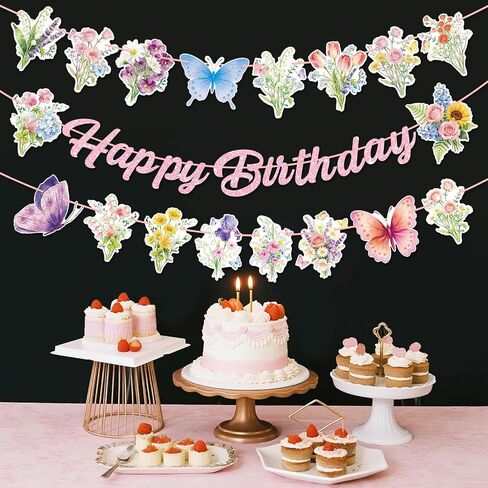 Happy Birthday Banner Decorations – Pink Glitter Letter Garland with Wildflowers, Butterfly, Floral Garden Hanging Banner for Birthday Party, Baby Shower, Bridal Shower, Tea Party Decorations in Saudi Arabia