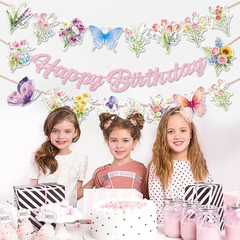 Happy Birthday Banner Decorations – Pink Glitter Letter Garland with Wildflowers, Butterfly, Floral Garden Hanging Banner for Birthday Party, Baby Shower, Bridal Shower, Tea Party Decorations in Saudi Arabia