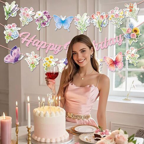 Happy Birthday Banner Decorations – Pink Glitter Letter Garland with Wildflowers, Butterfly, Floral Garden Hanging Banner for Birthday Party, Baby Shower, Bridal Shower, Tea Party Decorations in Saudi Arabia