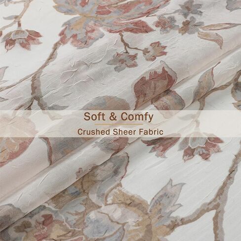 Floral Sheer Curtains 63 Inch Length 2 Panels, Light Filtering Flower Printed Crushed Sheer Curtains for Bedroom Living Room, Farmhouse Rod Pocket Window Sheers, 2x42Wx63L Inches in Saudi Arabia