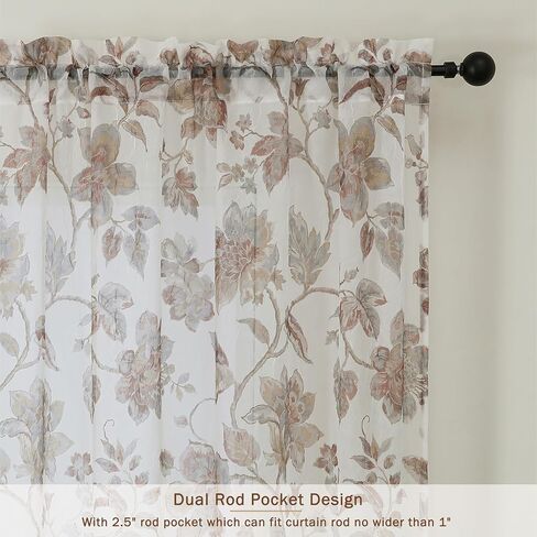 Floral Sheer Curtains 63 Inch Length 2 Panels, Light Filtering Flower Printed Crushed Sheer Curtains for Bedroom Living Room, Farmhouse Rod Pocket Window Sheers, 2x42Wx63L Inches in Saudi Arabia