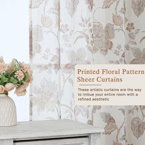 Floral Sheer Curtains 63 Inch Length 2 Panels, Light Filtering Flower Printed Crushed Sheer Curtains for Bedroom Living Room, Farmhouse Rod Pocket Window Sheers, 2x42Wx63L Inches in Saudi Arabia