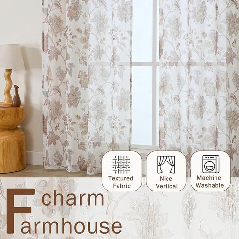 Floral Sheer Curtains 63 Inch Length 2 Panels, Light Filtering Flower Printed Crushed Sheer Curtains for Bedroom Living Room, Farmhouse Rod Pocket Window Sheers, 2x42Wx63L Inches in Saudi Arabia