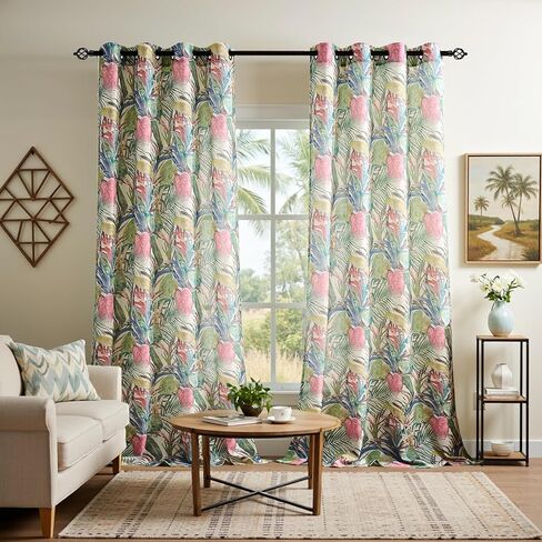 Kotile Floral Linen Curtains 95 Inches Long 2 Panels W52 x L95 Inch, Printed Tropical Palm Leaves Botanical Curtains for Living Room, Grommet Light Filtering Privacy Semi-Sheer Vintage Summer Curtain in Saudi Arabia