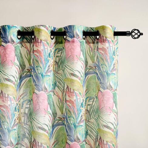 Kotile Floral Linen Curtains 95 Inches Long 2 Panels W52 x L95 Inch, Printed Tropical Palm Leaves Botanical Curtains for Living Room, Grommet Light Filtering Privacy Semi-Sheer Vintage Summer Curtain in Saudi Arabia