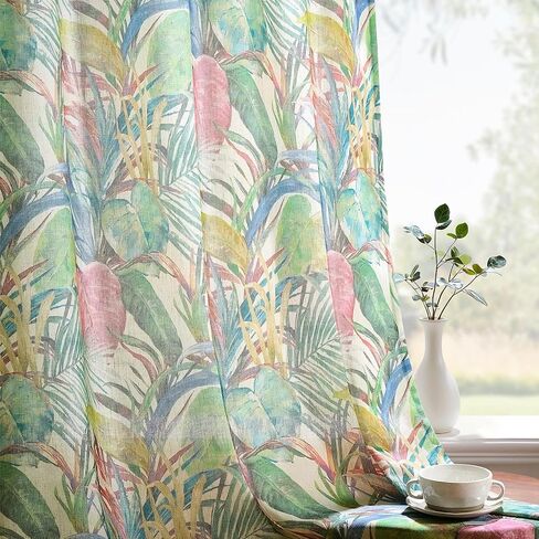 Kotile Floral Linen Curtains 95 Inches Long 2 Panels W52 x L95 Inch, Printed Tropical Palm Leaves Botanical Curtains for Living Room, Grommet Light Filtering Privacy Semi-Sheer Vintage Summer Curtain in Saudi Arabia