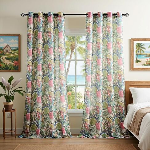 Kotile Floral Linen Curtains 95 Inches Long 2 Panels W52 x L95 Inch, Printed Tropical Palm Leaves Botanical Curtains for Living Room, Grommet Light Filtering Privacy Semi-Sheer Vintage Summer Curtain in Saudi Arabia