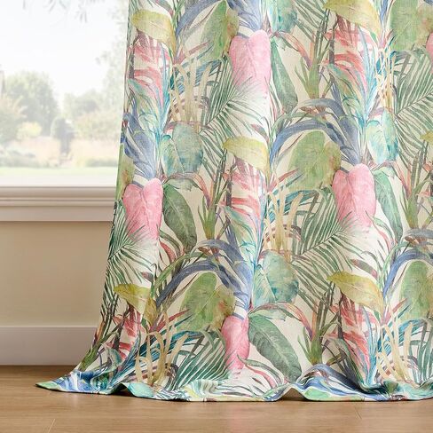 Kotile Floral Linen Curtains 95 Inches Long 2 Panels W52 x L95 Inch, Printed Tropical Palm Leaves Botanical Curtains for Living Room, Grommet Light Filtering Privacy Semi-Sheer Vintage Summer Curtain in Saudi Arabia