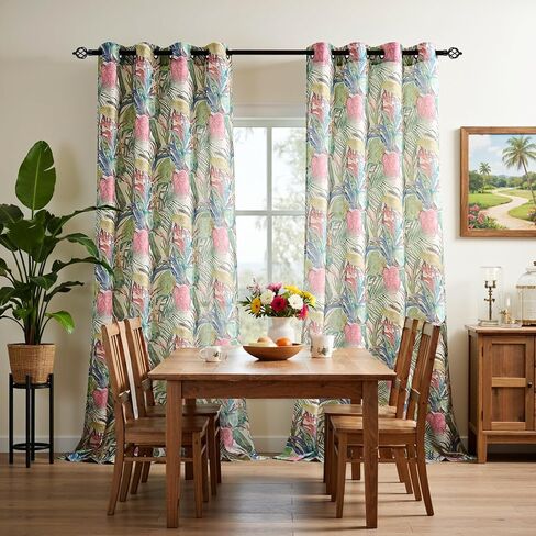 Kotile Floral Linen Curtains 95 Inches Long 2 Panels W52 x L95 Inch, Printed Tropical Palm Leaves Botanical Curtains for Living Room, Grommet Light Filtering Privacy Semi-Sheer Vintage Summer Curtain in Saudi Arabia