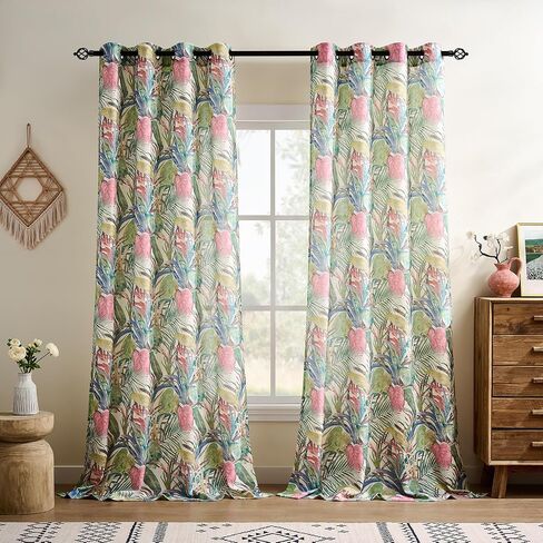 Kotile Floral Linen Curtains 95 Inches Long 2 Panels W52 x L95 Inch, Printed Tropical Palm Leaves Botanical Curtains for Living Room, Grommet Light Filtering Privacy Semi-Sheer Vintage Summer Curtain in Saudi Arabia