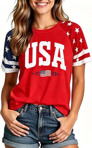 Red White and Blue Shirts for Women: USA Color-Blocking Shirt American Flag Shirt 4th of July Patriotic Tee Tops in Saudi Arabia