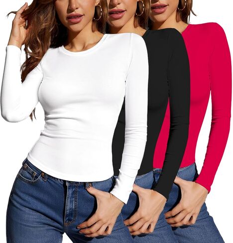 Women's Multi Pack Long Sleeve Crew Neck T Shirt, Slim Fit Basic Knit Tops Solid Tee in Saudi Arabia