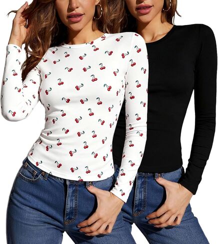 Women's Multi Pack Long Sleeve Crew Neck T Shirt, Slim Fit Basic Knit Tops Solid Tee in Saudi Arabia
