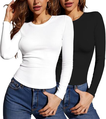 Women's Multi Pack Long Sleeve Crew Neck T Shirt, Slim Fit Basic Knit Tops Solid Tee in Saudi Arabia