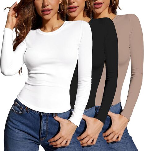 Women's Multi Pack Long Sleeve Crew Neck T Shirt, Slim Fit Basic Knit Tops Solid Tee in Saudi Arabia