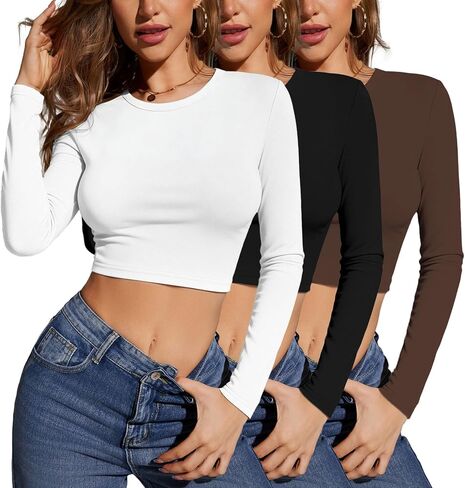 Women's Multi Pack Long Sleeve Crew Neck T Shirt, Slim Fit Basic Knit Tops Solid Tee in Saudi Arabia