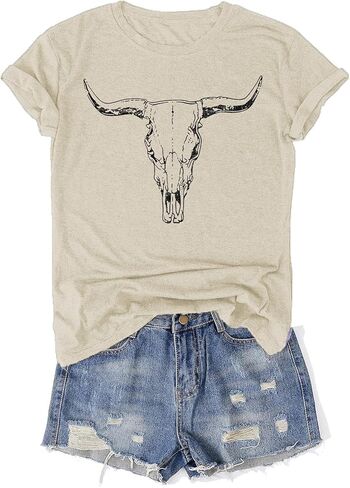 Western Rodeo Shirt for Women Retro Cowboy Graphic Tee Cowgirl Country Music T Shirt Cow Skull Print Tops Casual Tops in Saudi Arabia