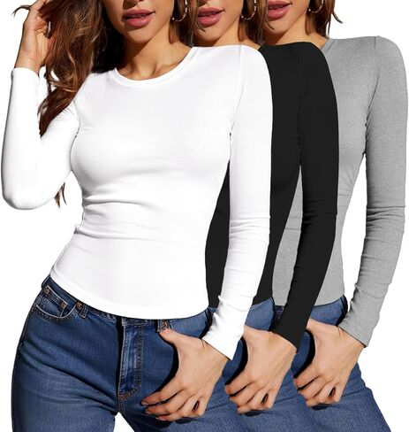 Women's Multi Pack Long Sleeve Crew Neck T Shirt, Slim Fit Basic Knit Tops Solid Tee in Saudi Arabia