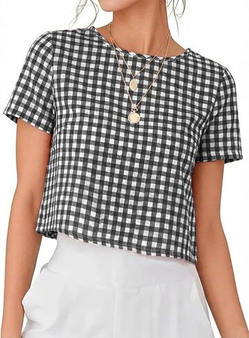 IDEALSANXUN Womens Gingham Shirts Spring Summer Short Sleeve Crop Cute Blouses Tops in Saudi Arabia