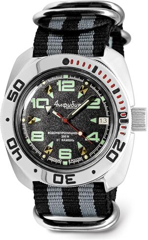 VOSTOK | Amphibian Automatic Self-Winding Russian Diver Wrist Watch | WR 200m | Amphibia 710334 | Black Dial 40mm Mechanical Watch | Luminous dots in Kuwait