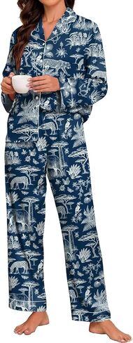 Brosloth Womens Silk Satin Pajamas Long Sleeve Silky Pj Set Animal Print Pajamas Two Piece Button Up Loungewear Sets in Saudi Arabia