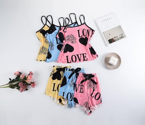 Women's Love Print Pajama Set, Cami Top and Shorts Sleepwear, Heart Pattern Loungewear with Spaghetti Straps, 6 Pieces in Kuwait