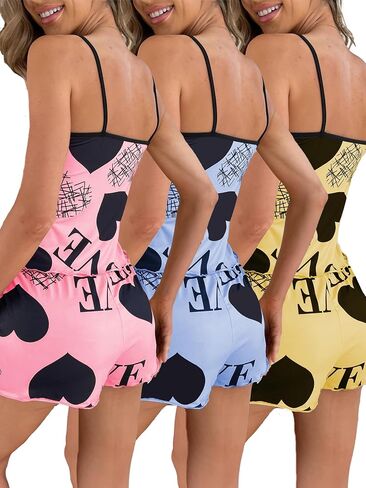 Women's Love Print Pajama Set, Cami Top and Shorts Sleepwear, Heart Pattern Loungewear with Spaghetti Straps, 6 Pieces in Kuwait