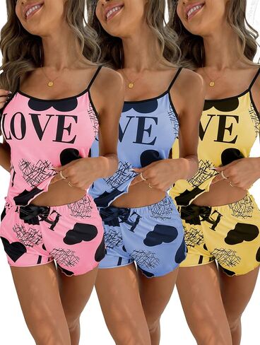 Women's Love Print Pajama Set, Cami Top and Shorts Sleepwear, Heart Pattern Loungewear with Spaghetti Straps, 6 Pieces in Kuwait