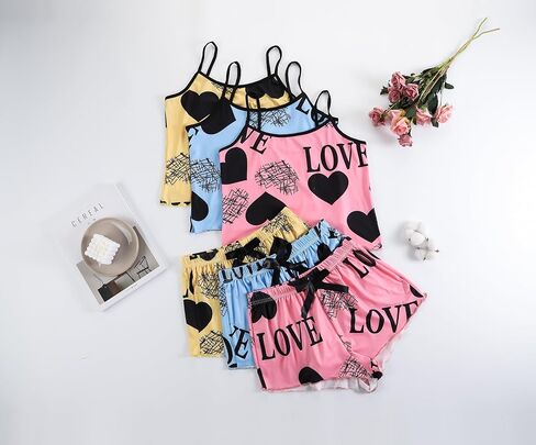 Women's Love Print Pajama Set, Cami Top and Shorts Sleepwear, Heart Pattern Loungewear with Spaghetti Straps, 6 Pieces in Kuwait