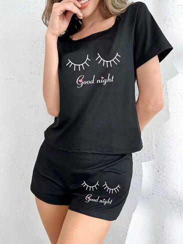 Pajamas for Women Set, 2 Piece Printed Pajama Sleep Set Short Sleeve Round Neck Top and Lounge Shorts for Home in Kuwait