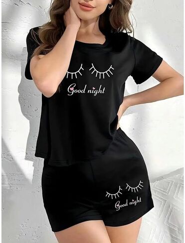 Pajamas for Women Set, 2 Piece Printed Pajama Sleep Set Short Sleeve Round Neck Top and Lounge Shorts for Home in Kuwait