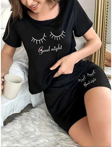 Pajamas for Women Set, 2 Piece Printed Pajama Sleep Set Short Sleeve Round Neck Top and Lounge Shorts for Home in Kuwait