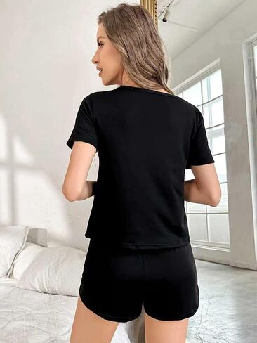 Pajamas for Women Set, 2 Piece Printed Pajama Sleep Set Short Sleeve Round Neck Top and Lounge Shorts for Home in Kuwait