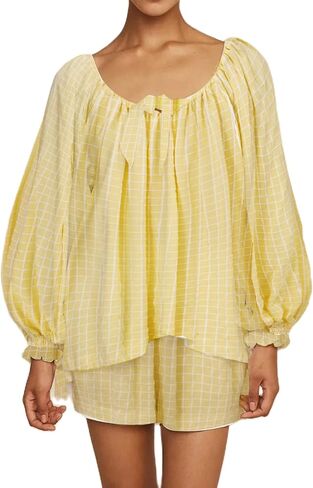 Women Gingham Pajama Set 2 Piece Y2k Long Puff Sleeve Babydoll Shirt Top Ruffle Plaid Shorts Matching Pj Set in Saudi Arabia