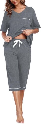COLORFULLEAF Womens Pajama Sets 100% Cotton Summer Pj Set Capri Pants Sleepwear 2 Piece Lounge Set with Pockets in Saudi Arabia