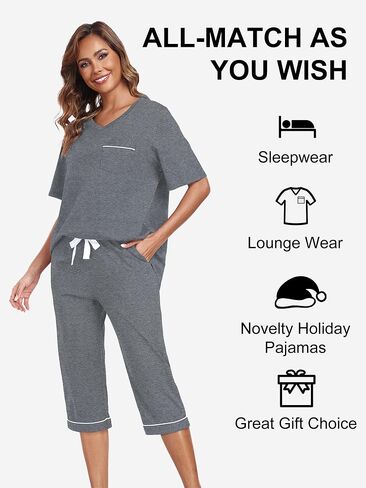 COLORFULLEAF Womens Pajama Sets 100% Cotton Summer Pj Set Capri Pants Sleepwear 2 Piece Lounge Set with Pockets in Saudi Arabia