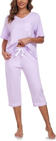 COLORFULLEAF Womens Pajama Sets 100% Cotton Summer Pj Set Capri Pants Sleepwear 2 Piece Lounge Set with Pockets in Saudi Arabia