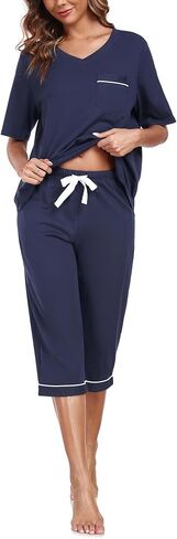 COLORFULLEAF Womens Pajama Sets 100% Cotton Summer Pj Set Capri Pants Sleepwear 2 Piece Lounge Set with Pockets in Saudi Arabia