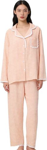 Womens Cotton Gauze Pajama Set Plaid Lace Trim Long Sleeve Tops Pants 2 Piece Loungewear Gingham Pj Sets in Saudi Arabia