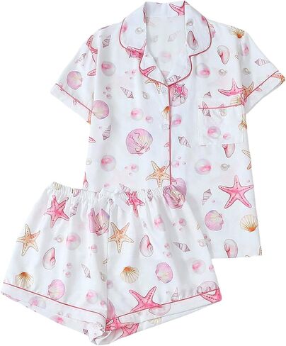 RoseSeek Women's 2 Piece Pajama Sets Shell Starfish Print Button Down Tops with Wide Leg Mini Shorts Cute Lounge Set in Kuwait