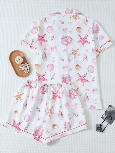 RoseSeek Women's 2 Piece Pajama Sets Shell Starfish Print Button Down Tops with Wide Leg Mini Shorts Cute Lounge Set in Kuwait