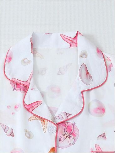 RoseSeek Women's 2 Piece Pajama Sets Shell Starfish Print Button Down Tops with Wide Leg Mini Shorts Cute Lounge Set in Kuwait