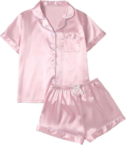 WDIRARA Women's 2 Piece Satin Pajama Set Short Sleeve Button Down Shorts Pjs Sets Silk Sleepwear in Kuwait